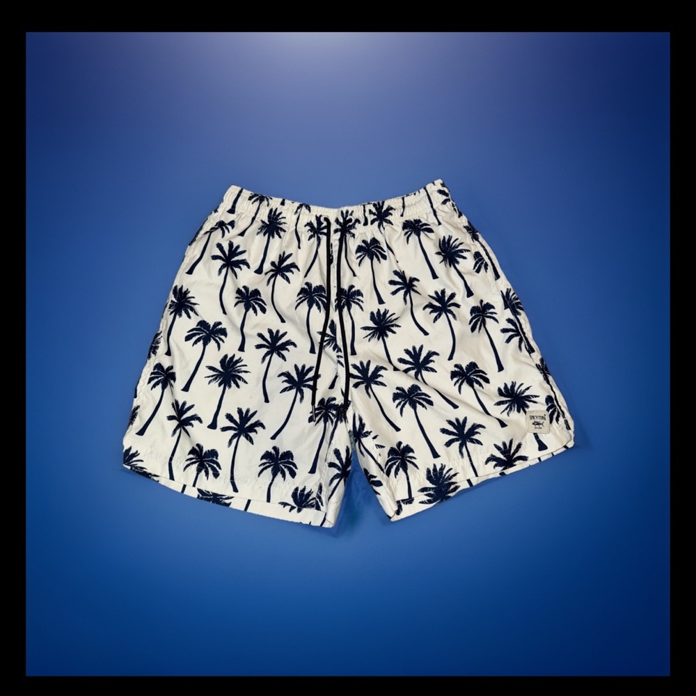 Spicy Tuna Brand White and Blue Swim Trunks with Tropical Print 095